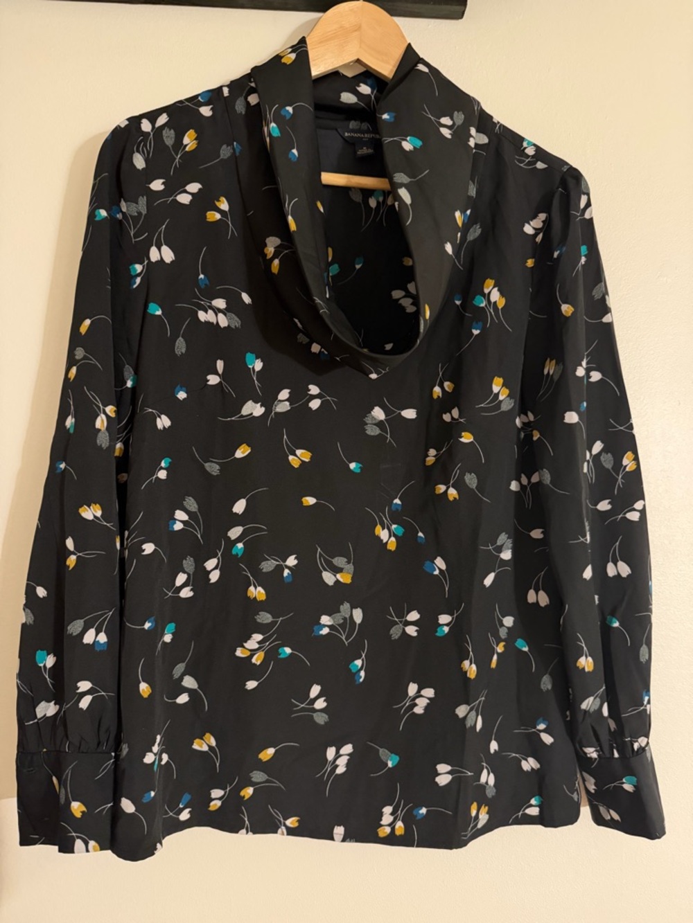 Banana Republic Black Floral Cowl-Neck Blouse with Teal and Mustard Accents